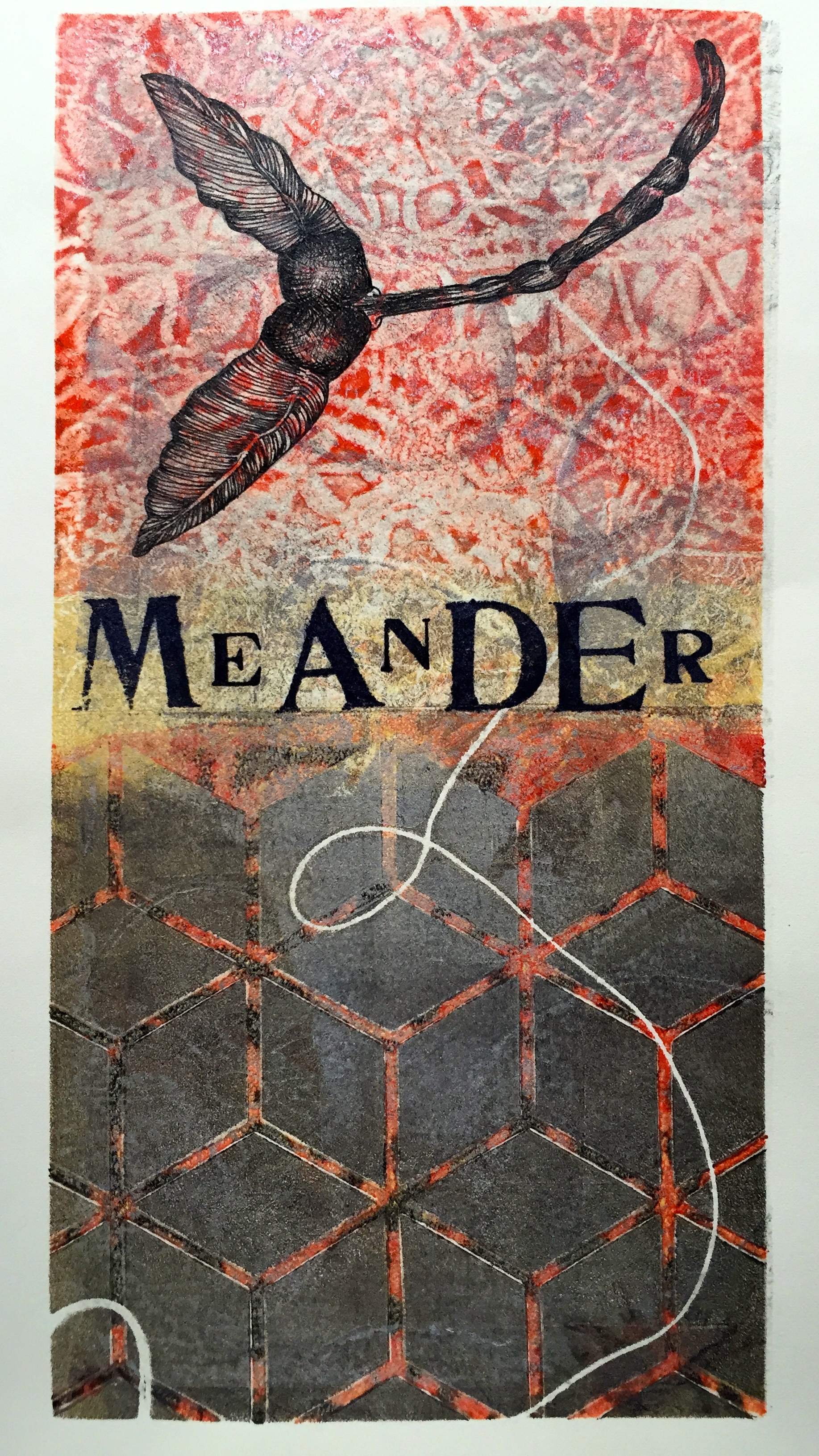   Meander   6 x 12 inches  mixed media  image: Susan Webster  stamped text:Stuart Kestenbaum  2015 