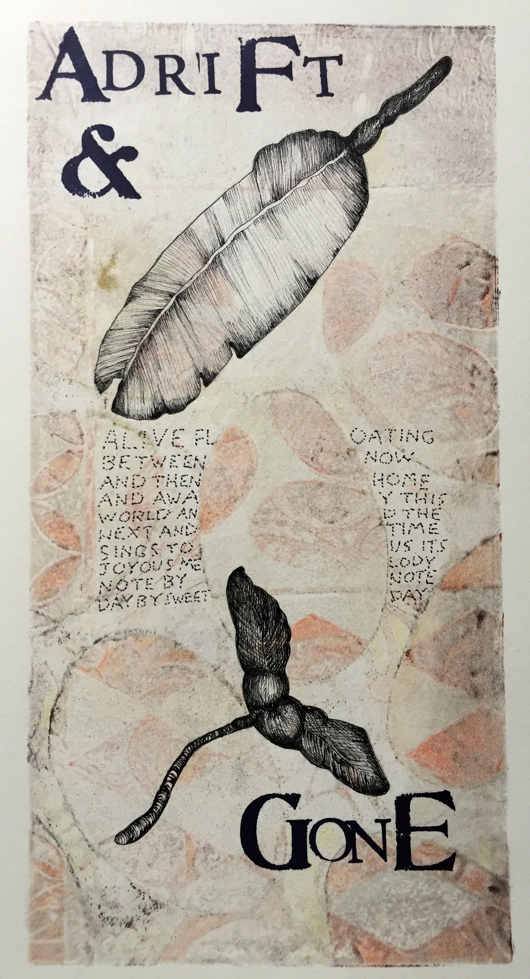 Adrift 6 x 12 inches mixed media image: Susan Webster hand written and stamped text: Stuart Kestenbaum 2015
