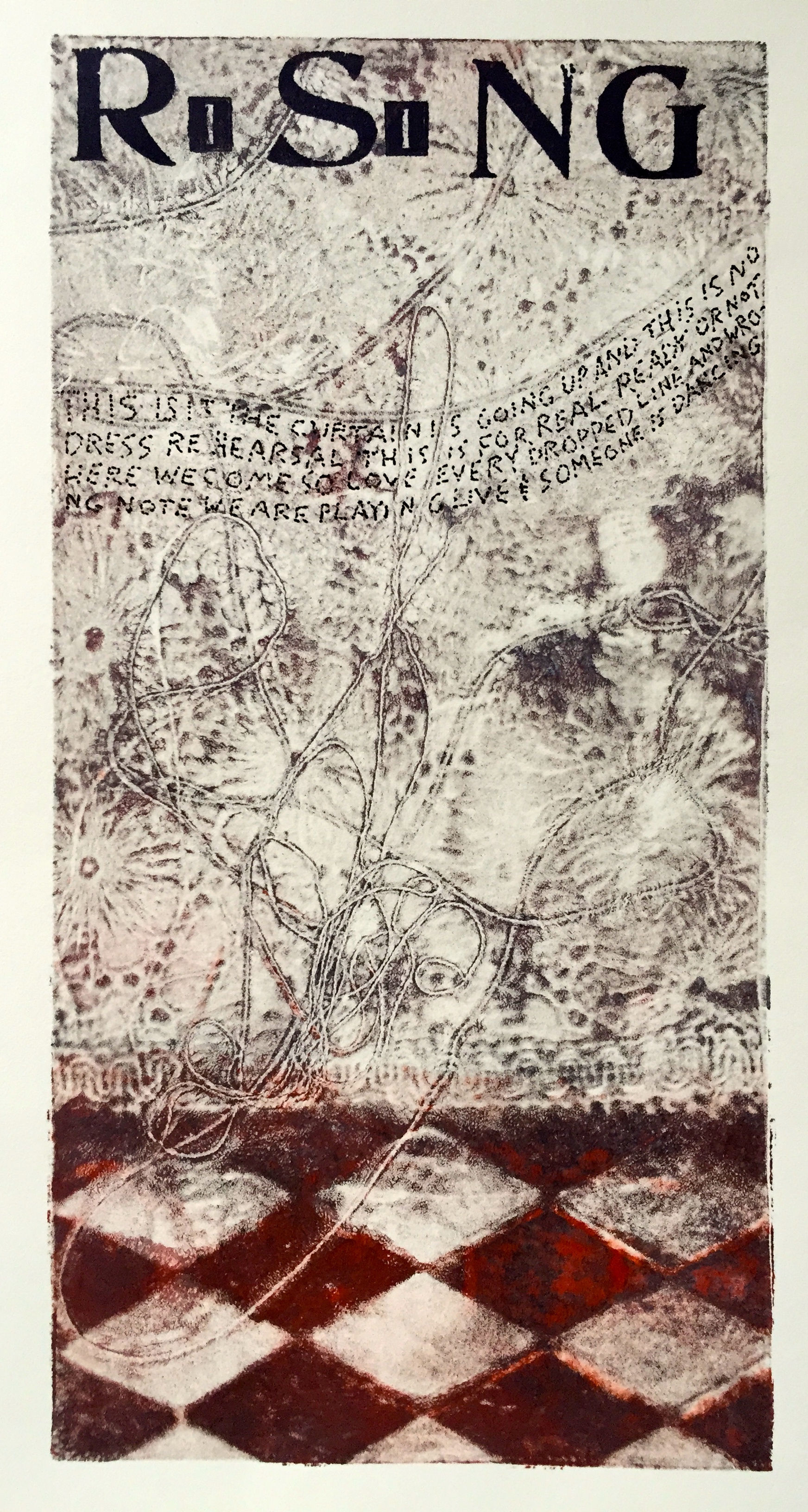   Rising   6 x 12 inches  mixed media  image: Susan Webster  hand written and stamped&nbsp;text: Stuart Kestenbaum  2015 