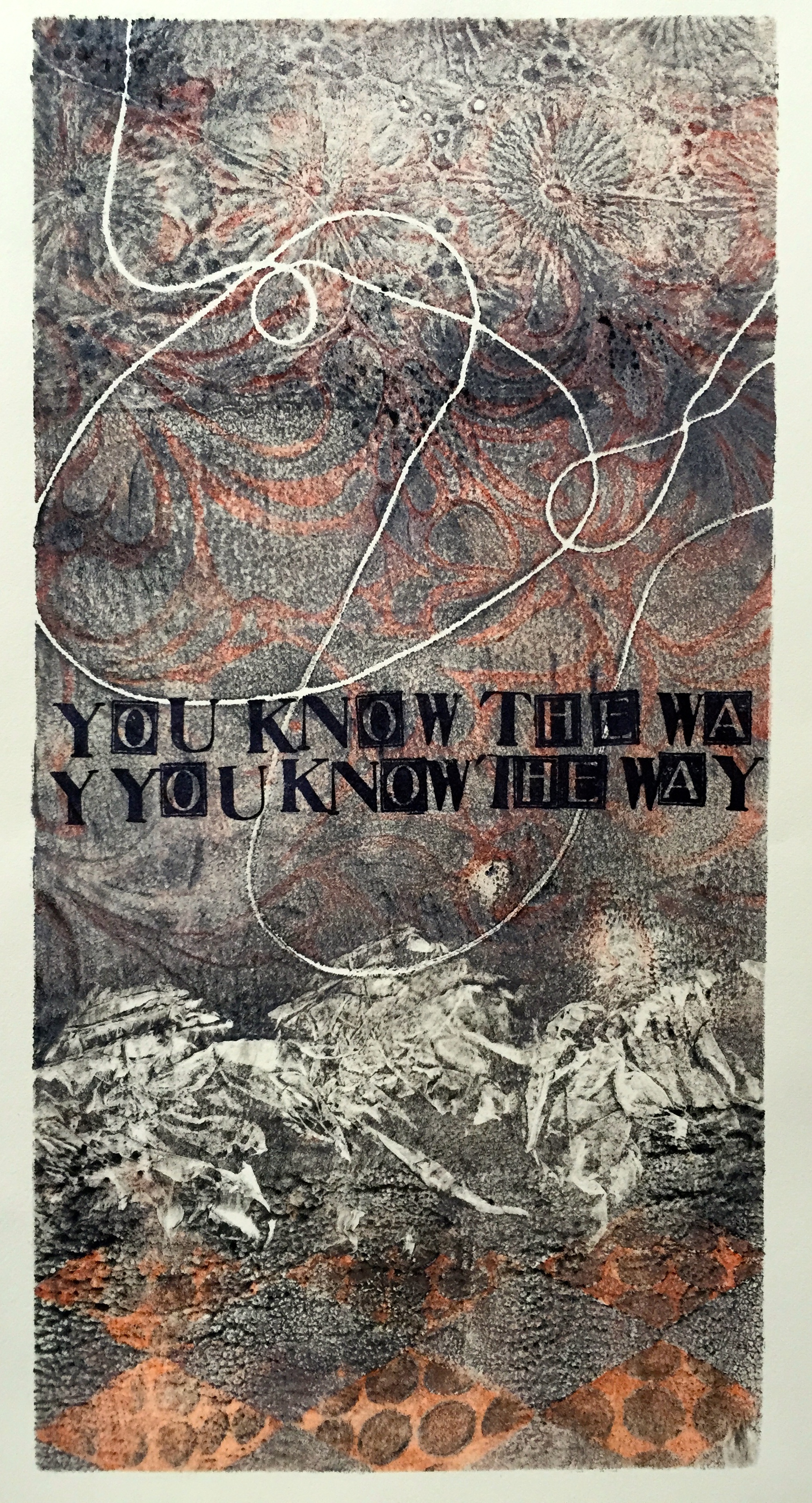   You Know&nbsp;   6 x 12 inches  mixed media  image: Susan Webster  stamped&nbsp;text: Stuart Kestenbaum  2015 