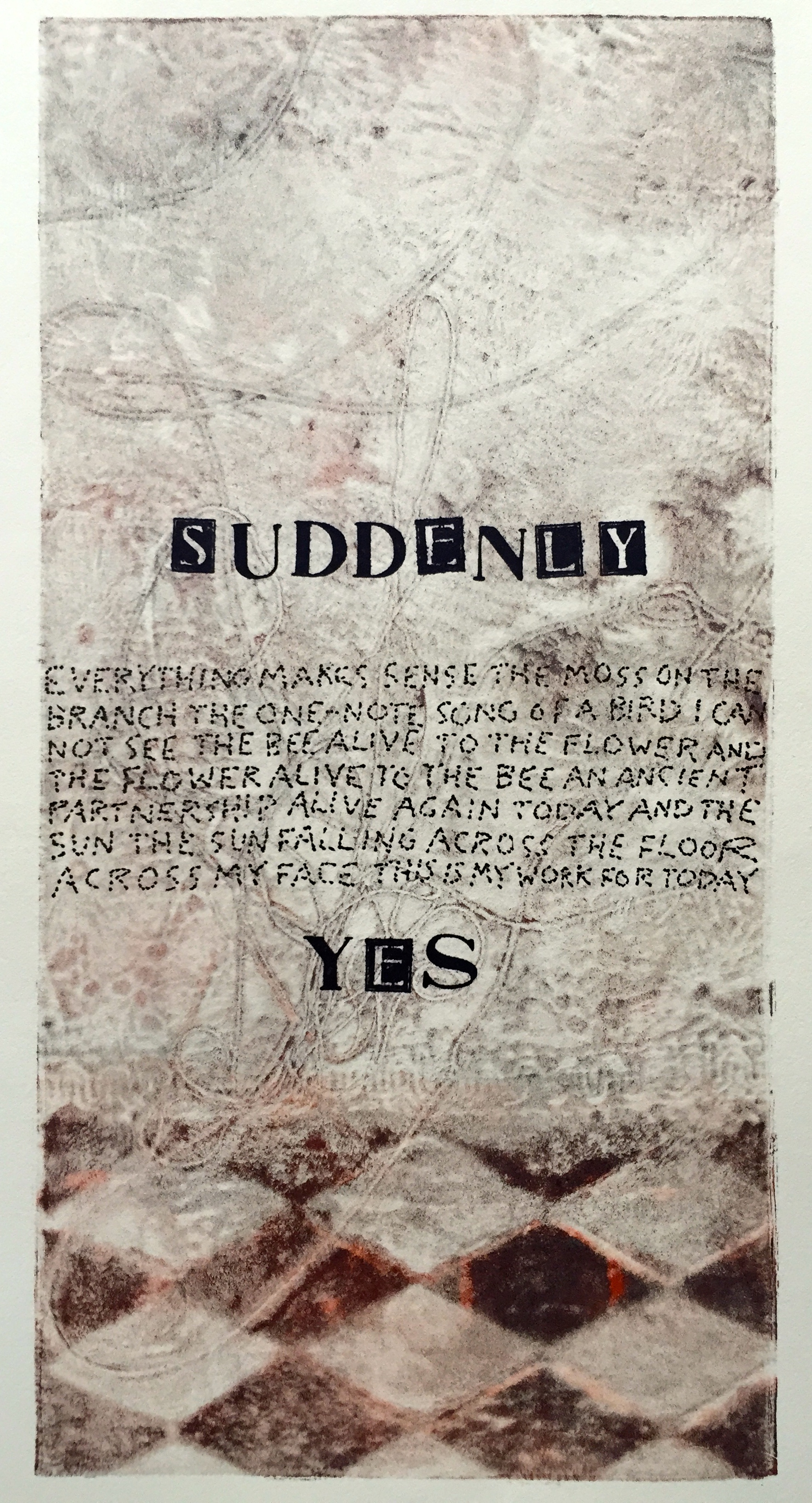   Suddenly Yes   6 x 12 inches  mixed media  image: Susan Webster  hand written and stamped&nbsp;text: Stuart Kestenbaum  2015 