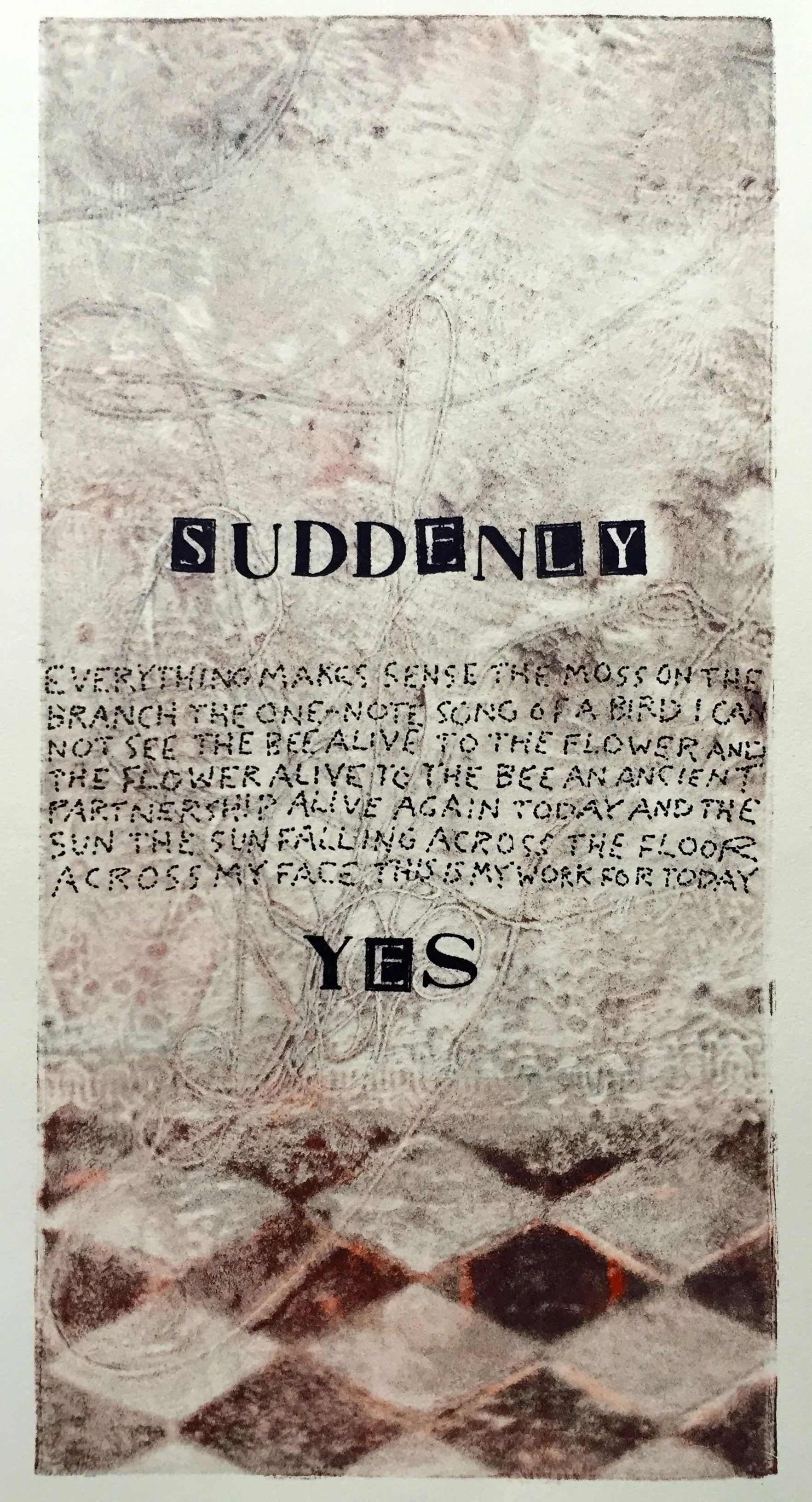 Suddenly Yes 6 x 12 inches mixed media image: Susan Webster hand written and stamped text: Stuart Kestenbaum 2015