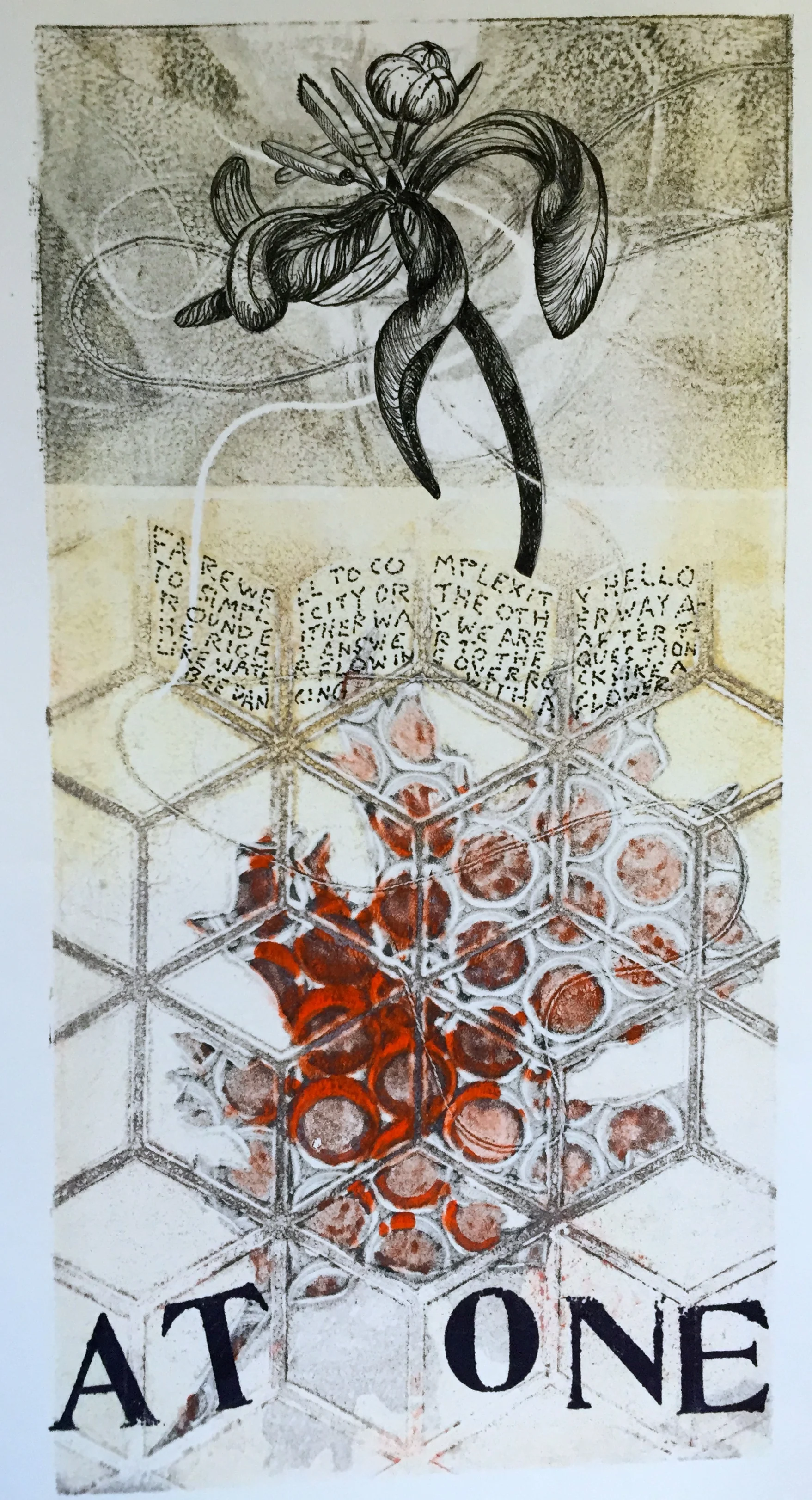 At One 6 x 12 inches mixed media image: Susan Webster hand written and stamped text: Stuart Kestenbaum 2015