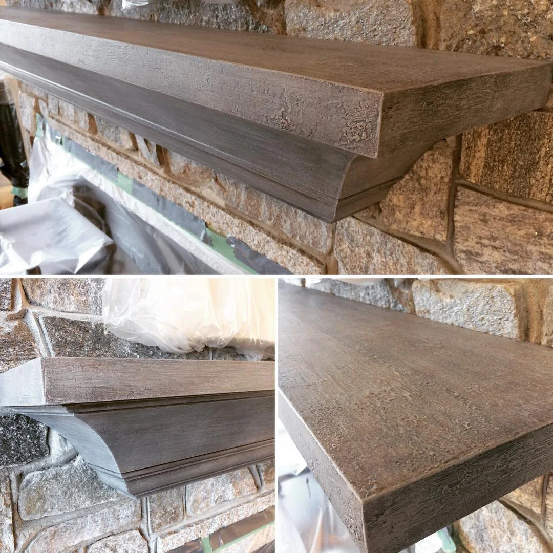 Mantle refinished to the look of weathered drift wood for a coastal look.