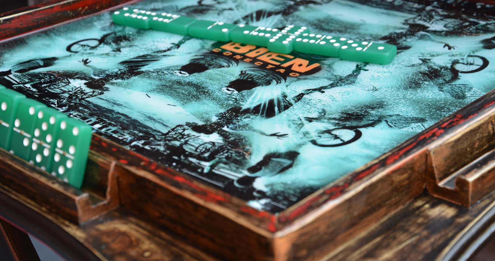 AFM Custom Hand-Painted 'Block Party' Table for Bien Conectao. Table graphic AFM X SeeThruMoney Photography. 