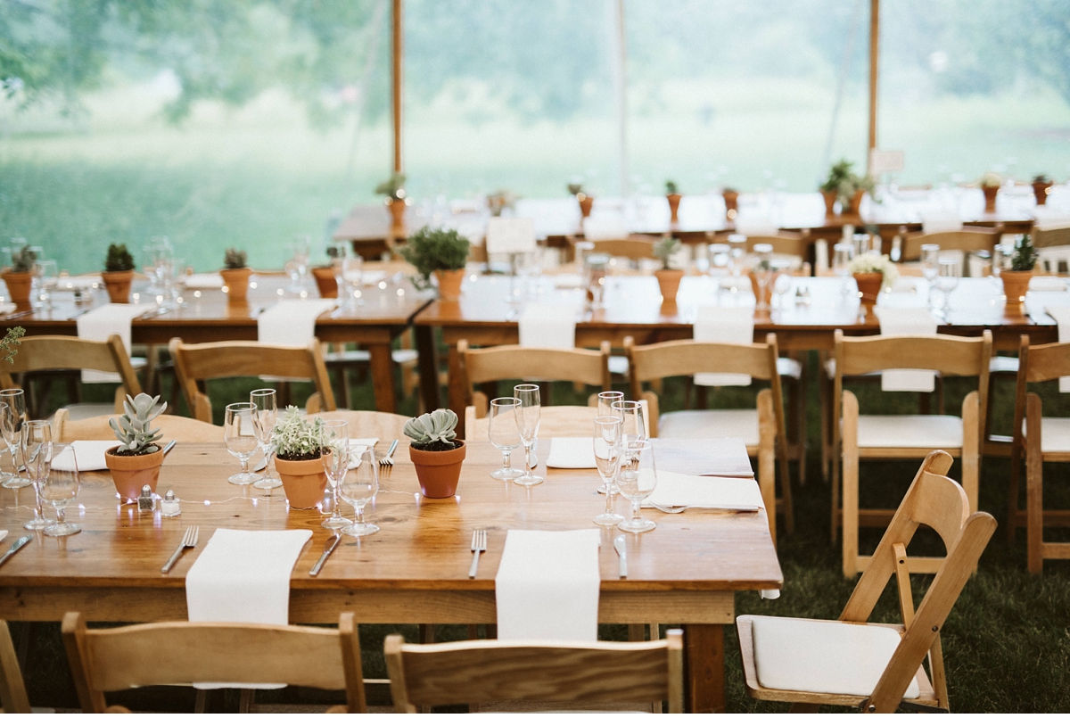 Table settings in tented wedding, willowwood arboretum NJ