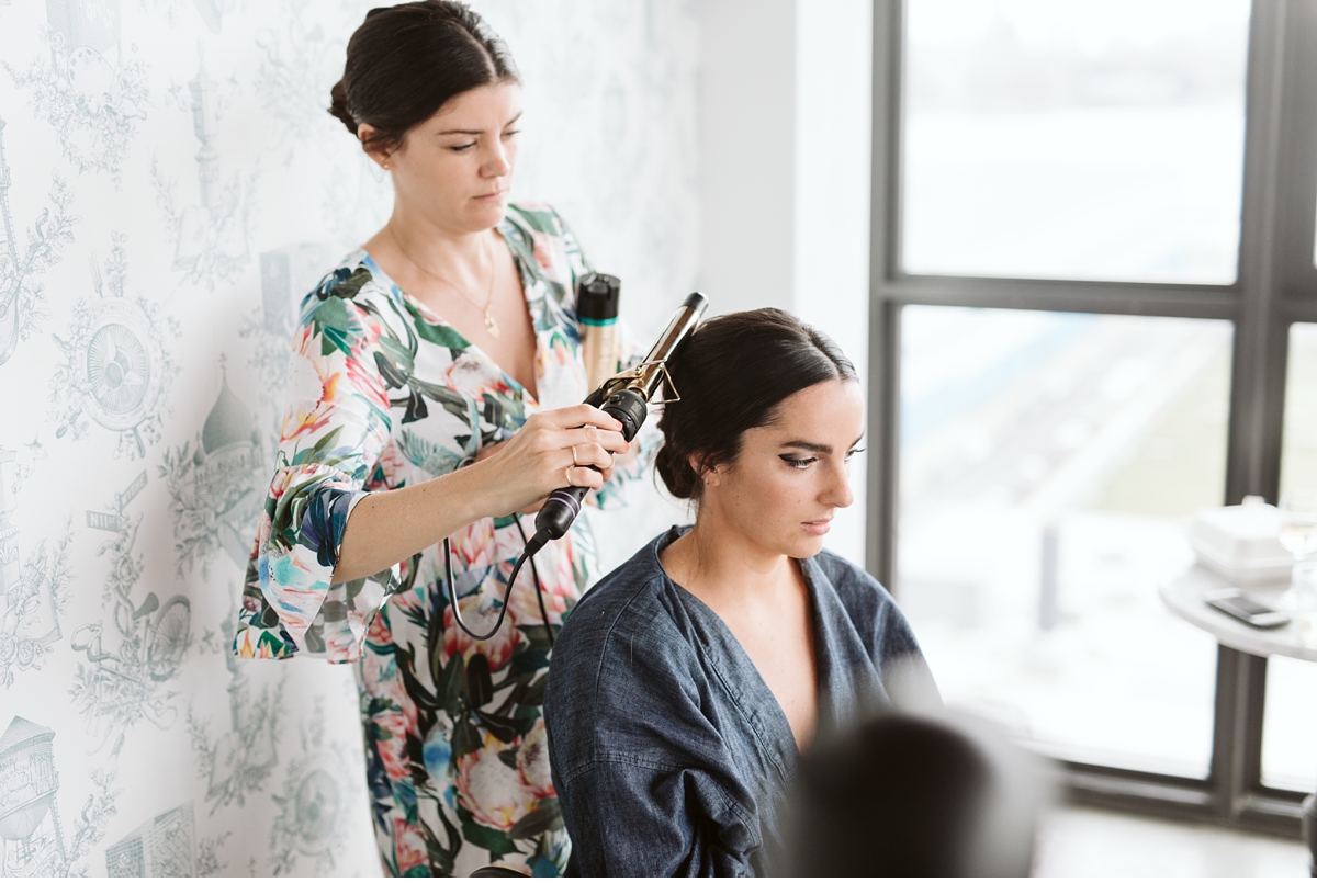 bridge getting her hair done in chambray dressing gown
