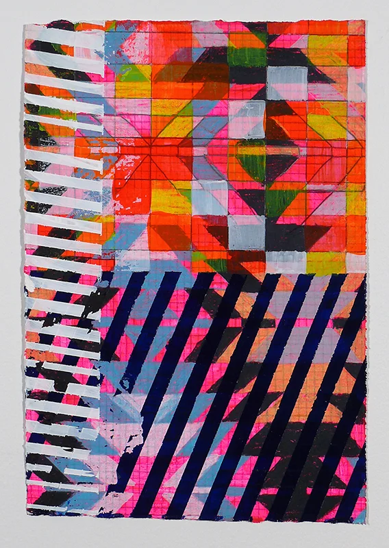 N Y13#01, 11" X 7.5", mixed media on paper, 2013 SOLD pillows at neon vintage
