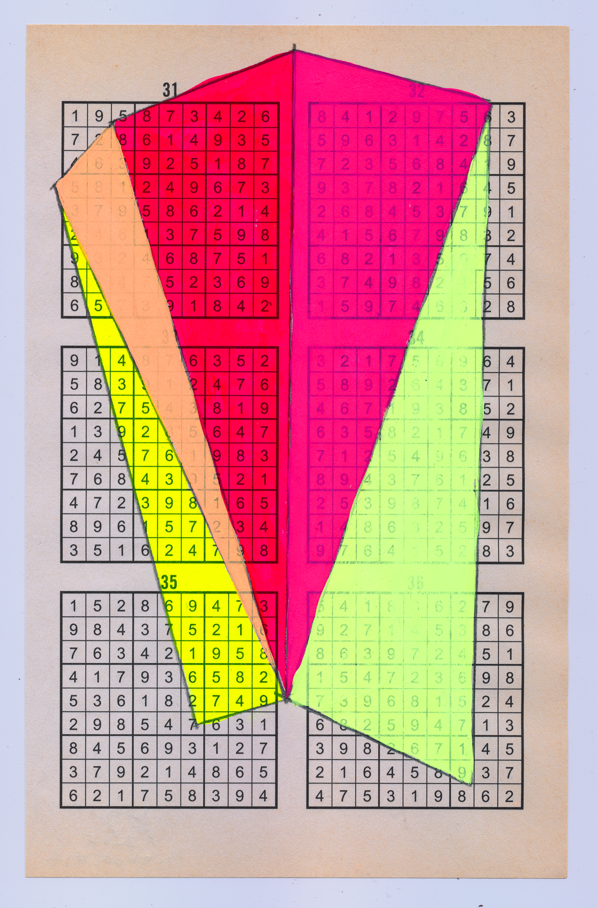   Sudoku15#13, 6" X 9.25", mixed media on Sudoku paper, 2015   SOLD  