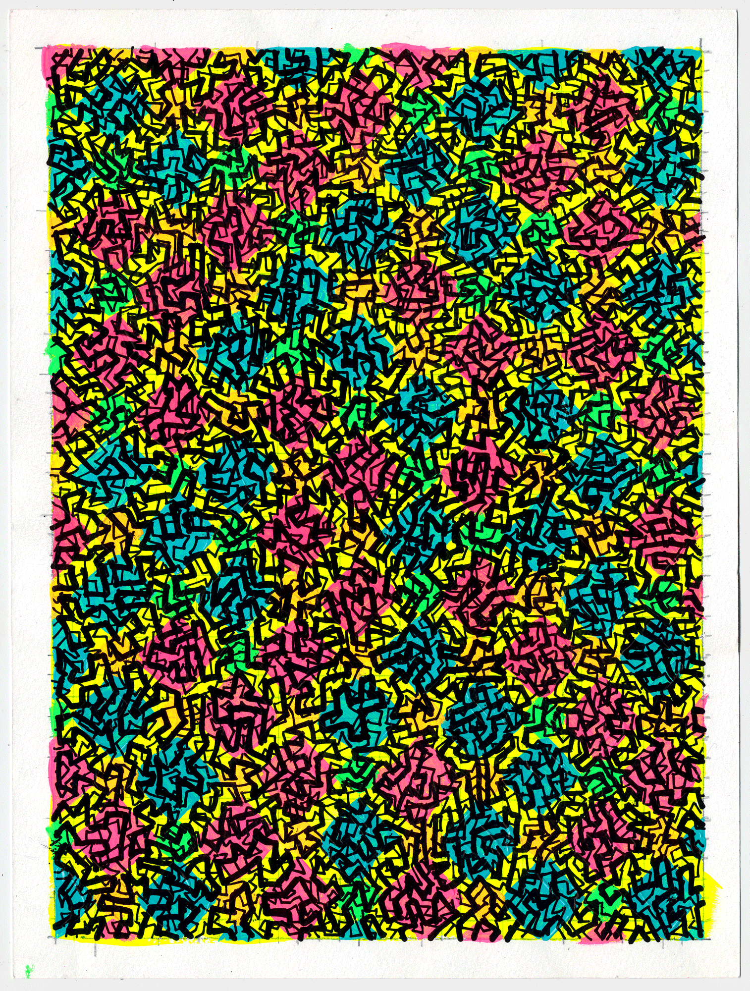 NY1743 12" X 9", acrylic on paper, 2017 available on Etsy this started with some spanish tile inspiration on the first layer, then moved on to my high school days, Haring inspired doodles.