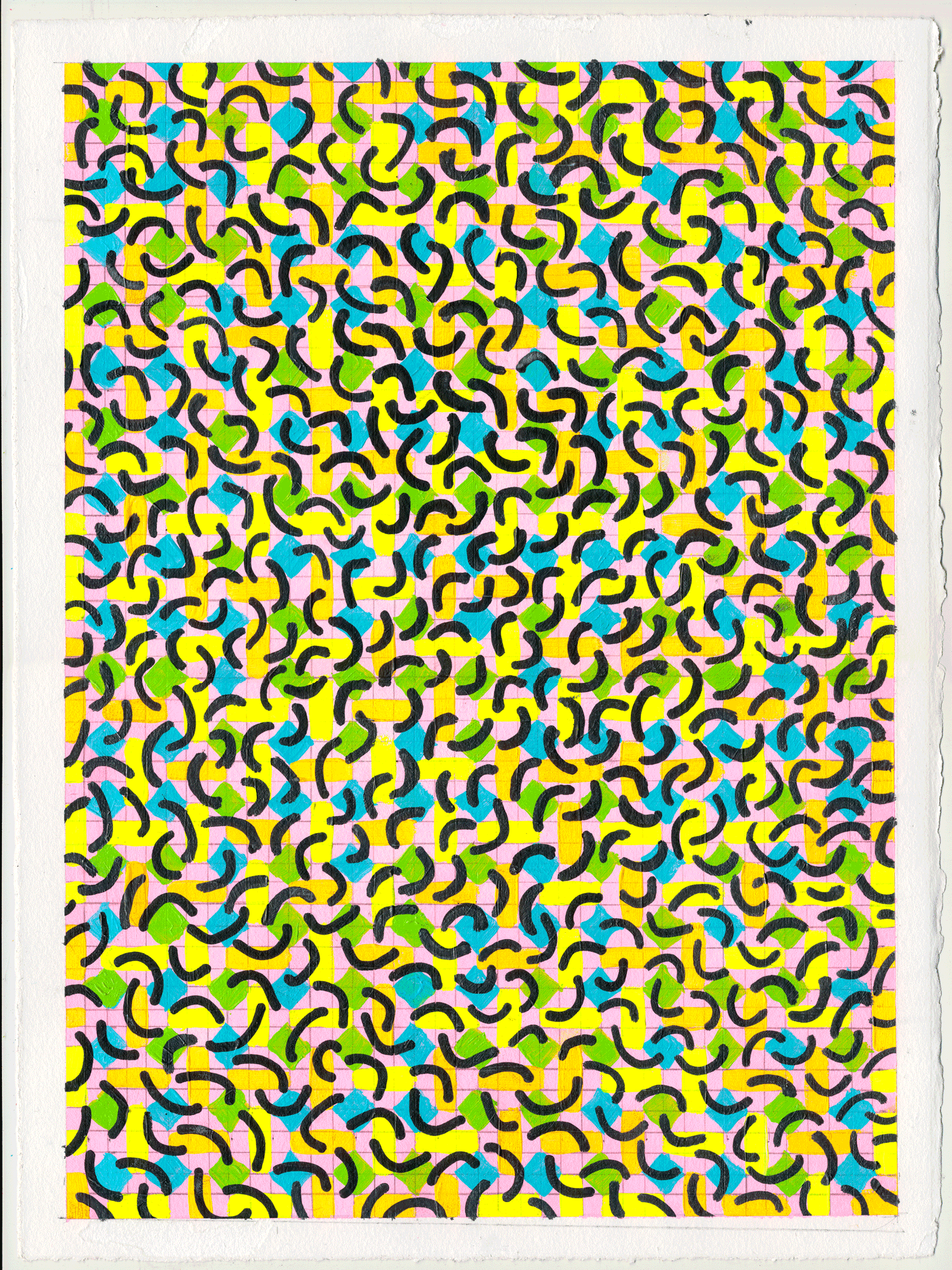 NY1742 15" X 11", acrylic on paper, 2017 available at Etsy this is one of several paintings that was inspired by the Ettore Sottsass show at the Met Breuer in 2017. fewer layers but with bolder patterns & colors. playing!