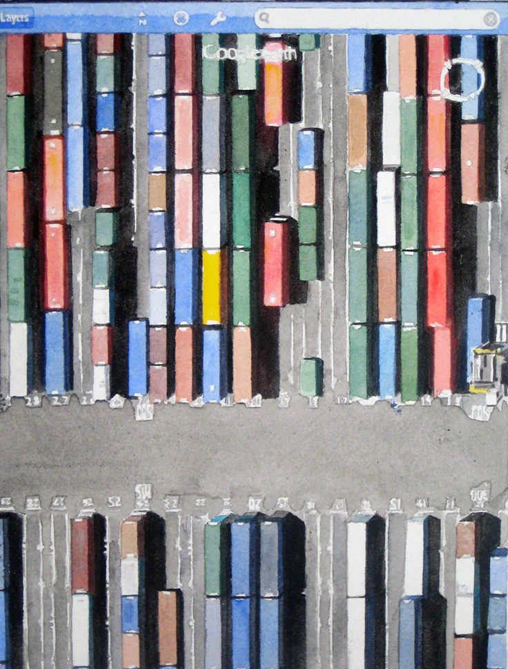 Looking Down from Above (40.67536 N 74.14412 W - detail Watercolor on paperboard 40 panels: 41 x 61 inches total, 7.75 x 5.75 inches each 2013