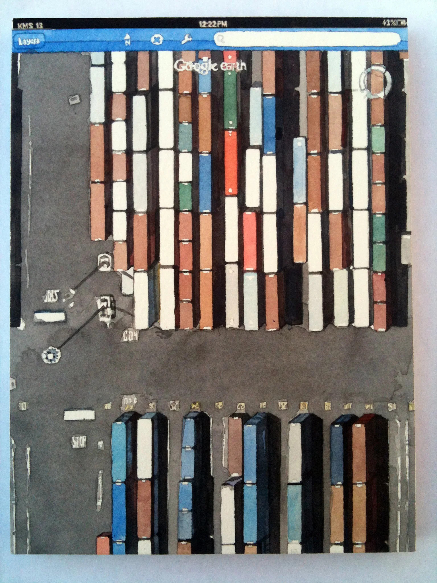 Looking Down from Above (40.67536 N 74.14412 W - detail Watercolor on paperboard 40 panels: 41 x 61 inches total, 7.75 x 5.75 inches each 2013