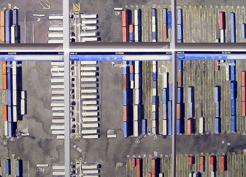 Looking Down From Above (40.67536 N 74.14412 W) - detail Watercolor on paperboard 40 panels: 41 x 61 inches total, 7.75 x 5.75 inches each 2013