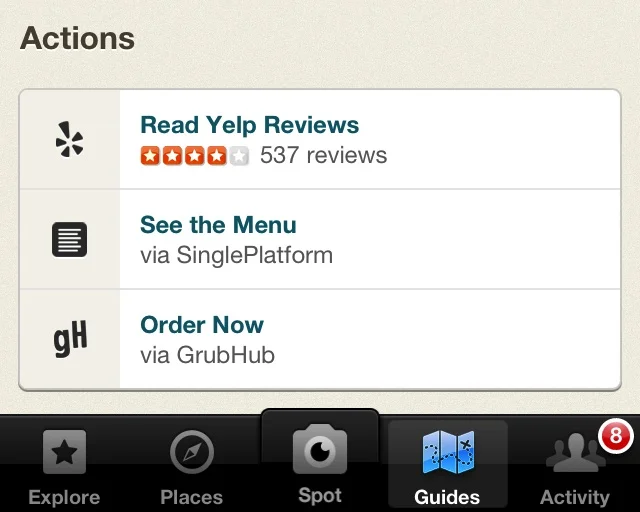 "Foodspotting users may find that their stomachs rumble when they use the photo-heavy app to discover new dishes and restaurants. Starting today, they’ll be able to act on that rumbling with just a few taps (and without having to leave their home), because Foodspotting has added integration with GrubHub..."
via techcrunch.com