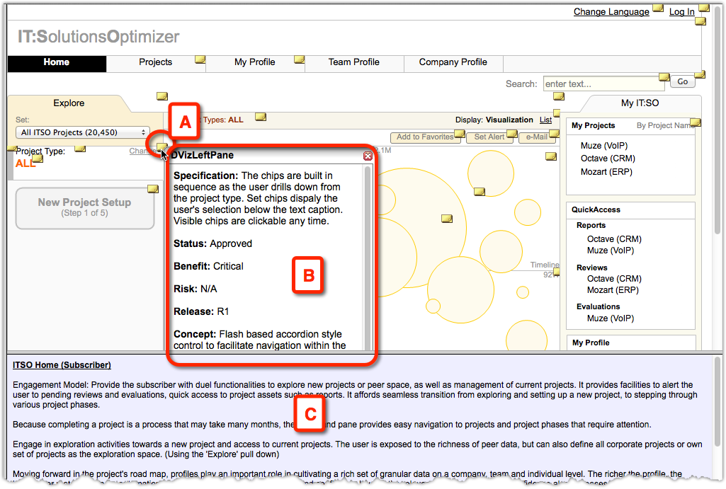A = Annotation icon indicating that the element has associated documentation. B = Clicking the annotation icon (A) opens up a popup window with the annotation. C= General information about the entire screen is provided in this section.