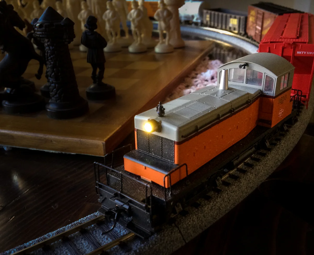 HO Switcher with Christmas train in tow.