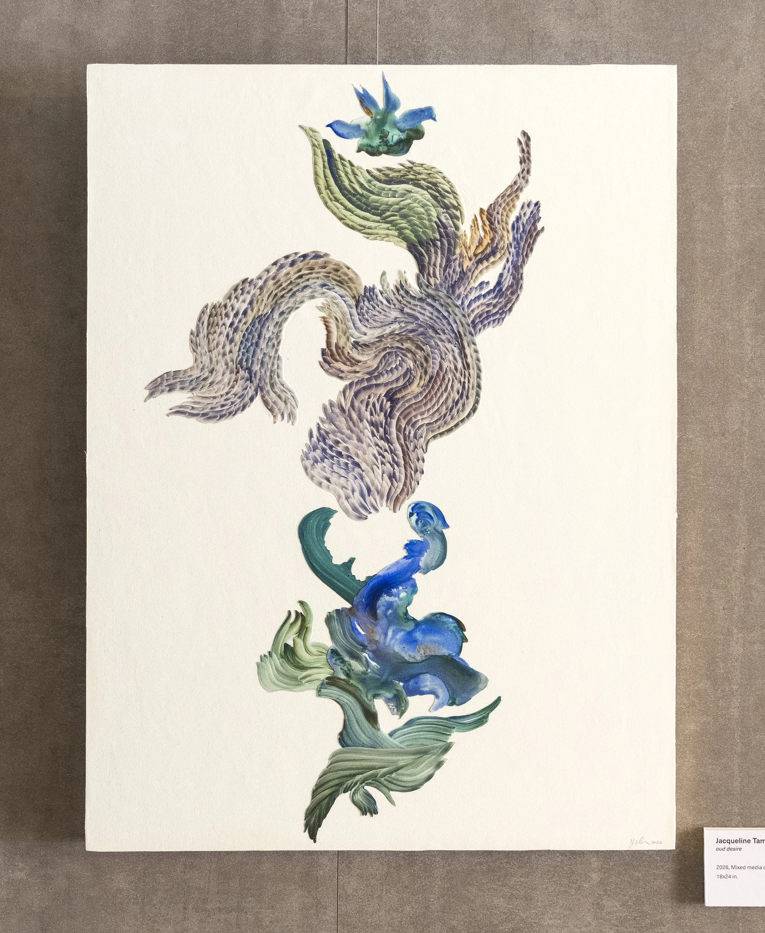 Oud Desire, 2026, Yupo paper, and gouache on paper mounted on wood panel, 24 x 18 inches