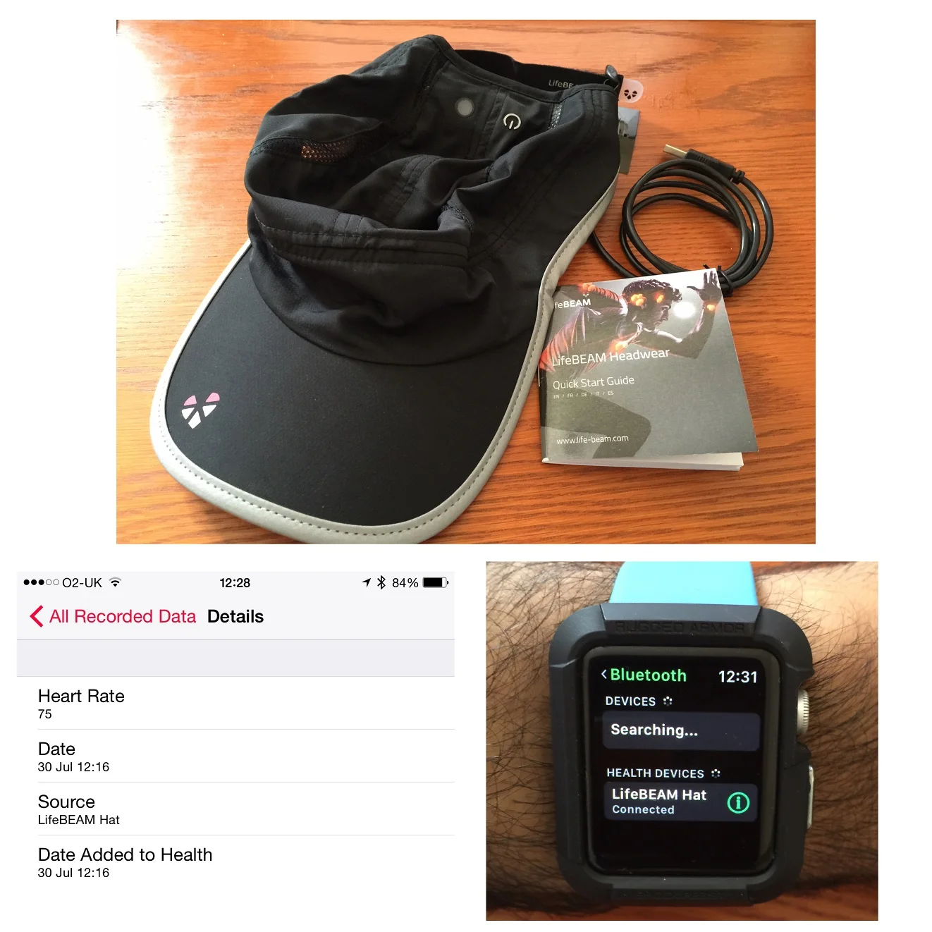 The LifeBeam hat connected by Bluetooth to my watch and the heart rate data gets synced from the watch into Apple's health app on my iPhone