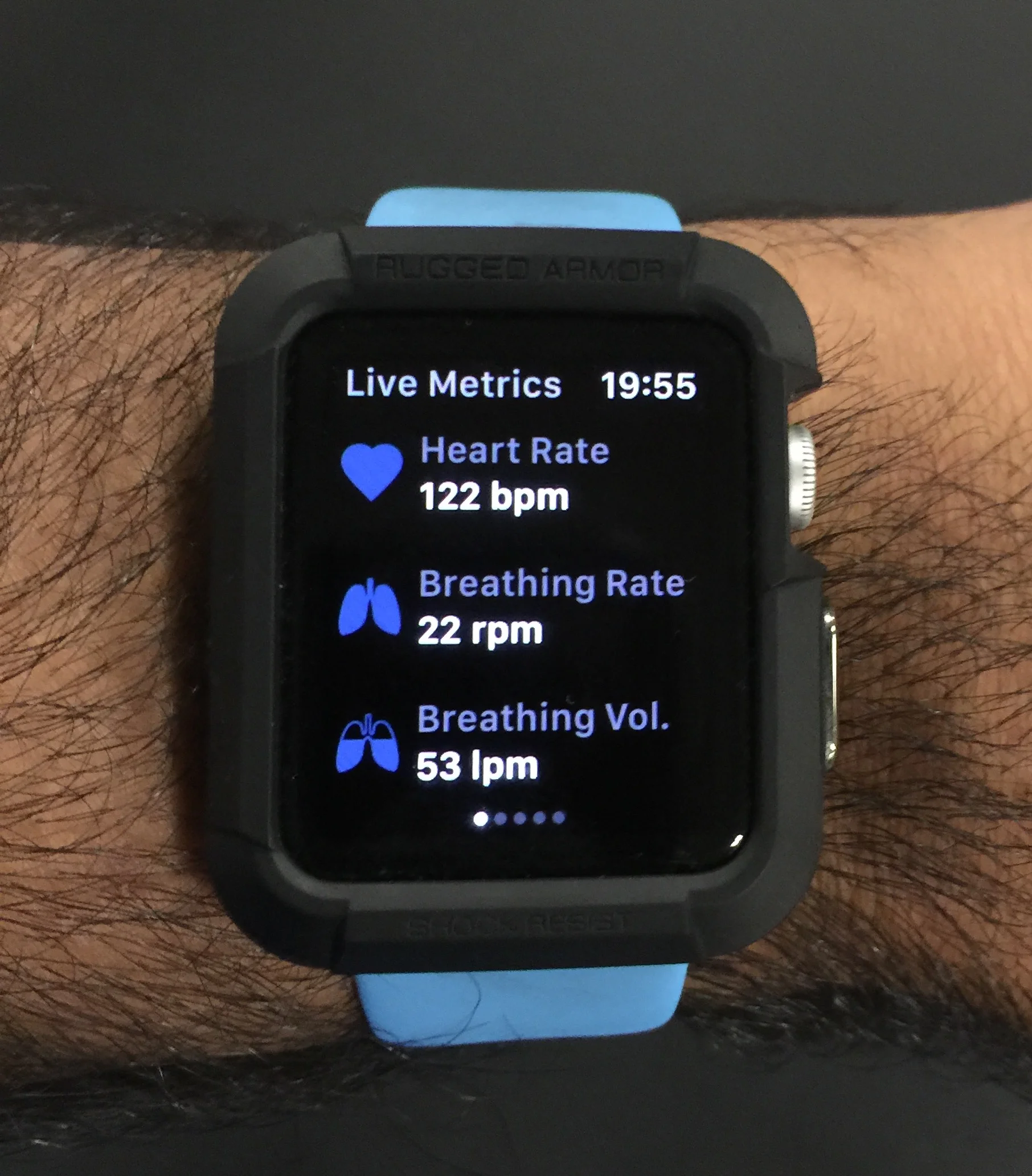 Live data from the sensors in the Hexoskin shirt