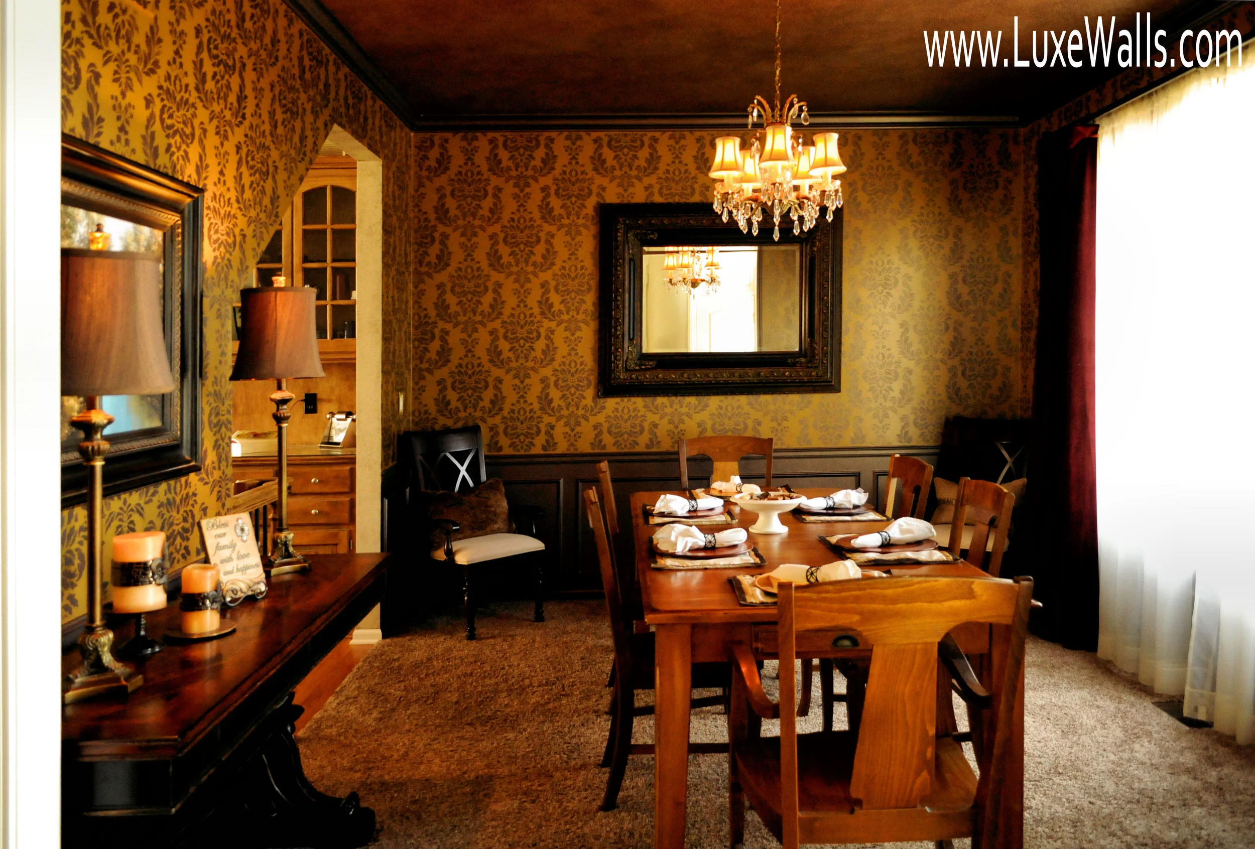 Luxe Walls completed specialty paint finished on the ceiling, walls and trim in this dining room