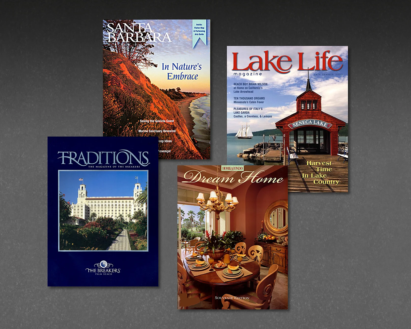 Project: Magazine Design Clients: Various
0
0
1
60
348
Kavish + Kavish
2
1
407
14.0
Normal
0
false
false
false
EN-US
JA
X-NONE
/* Style Definitions */
table.MsoNormalTable
{mso-style-name:"Table Normal";
mso-tstyle-rowband-size:0;
mso-tstyle-colband-size:0;
mso-style-noshow:yes;
mso-style-priority:99;
mso-style-parent:"";
mso-padding-alt:0in 5.4pt 0in 5.4pt;
mso-para-margin:0in;
mso-para-margin-bottom:.0001pt;
mso-pagination:widow-orphan;
font-size:10.0pt;
font-family:Times;}
In addition to book design we also have an extensive
background in magazine design, building a number of publications from the
ground up. Shown: Traditions , in-room annual magazine for The Breakers Hotel,
Palm Beach, Florida, Santa Barbara Magazine , bimonthly city magazine, Lake Life ,
bimonthly national magazine, and Dream Home , annual home magazine.
K+K Involvement: Design, art direction, production and print supervision
