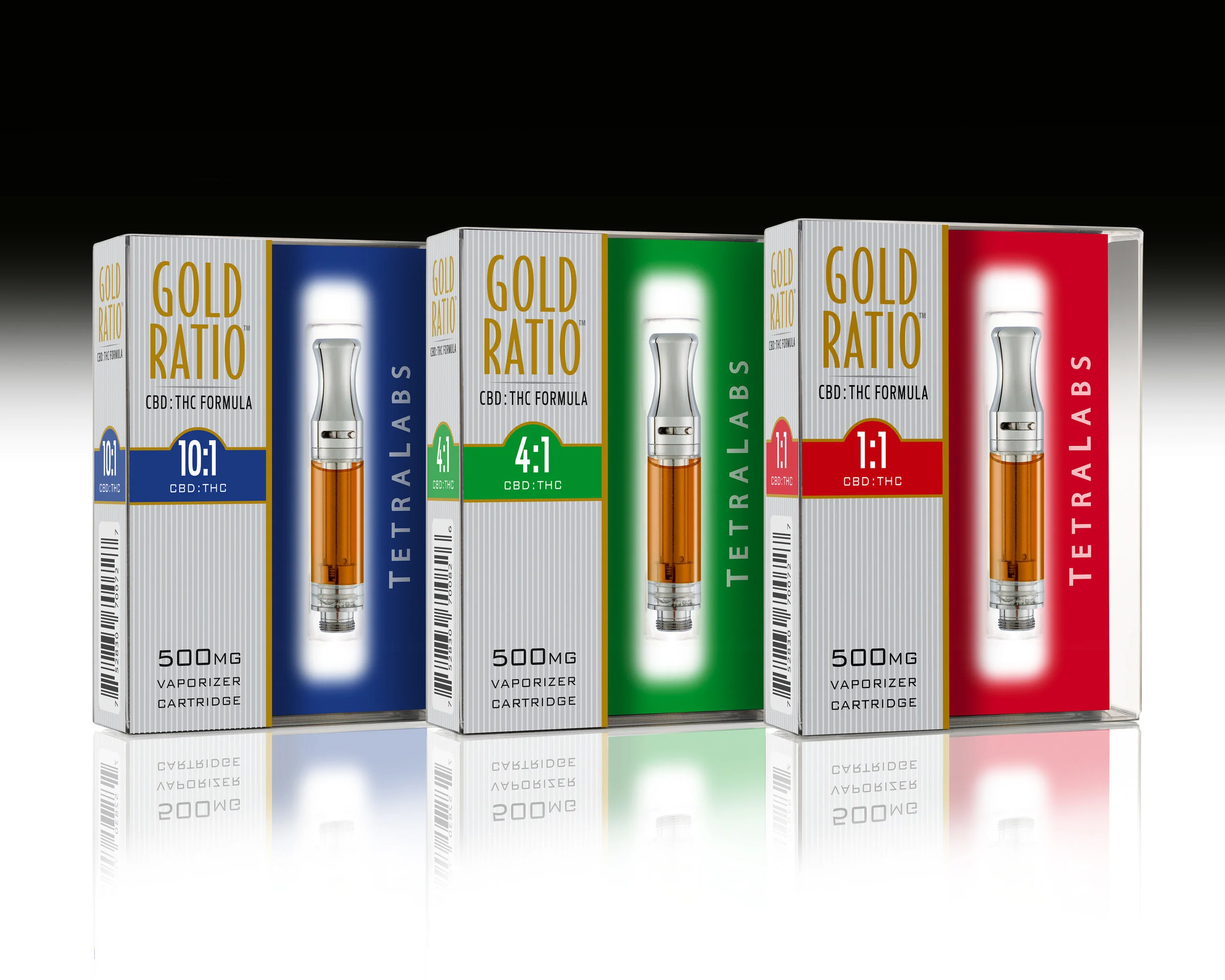 Project: Gold Ratio Packaging Design Client: TetraLabs Packaging for the TetraLabs combination CBD/THC line of vaporizer cartridge products. K+K Involvement: Concept, design, art direction, production, print supervision and in-store displays