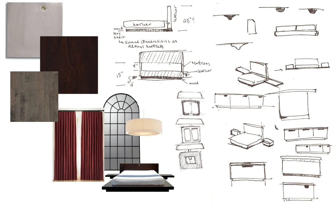 Mood board and sketches, bedroom set.