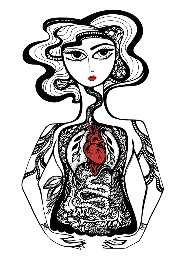 This was such fun to draw. I never tire of drawing organs! Her gloves were modeled after a pair of vintage gloves that belonged to my grandmother.