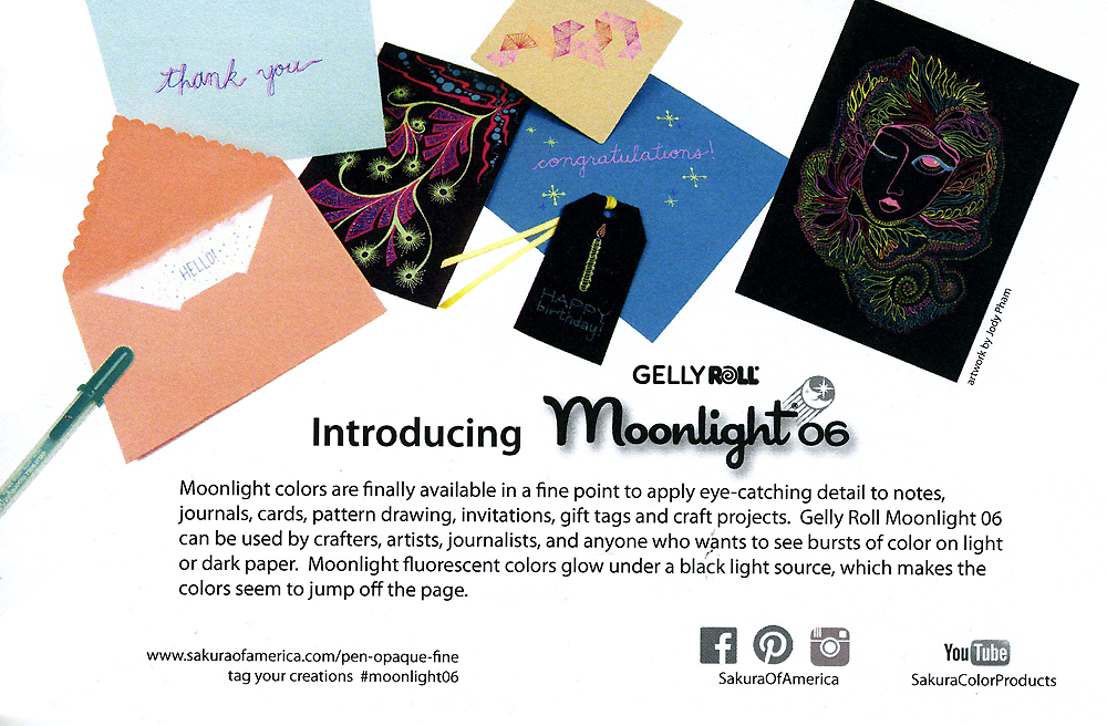 It's an honor to have my drawing sample included in Sakura's press packs for the Gelly Roll Moonlight 06 pens!