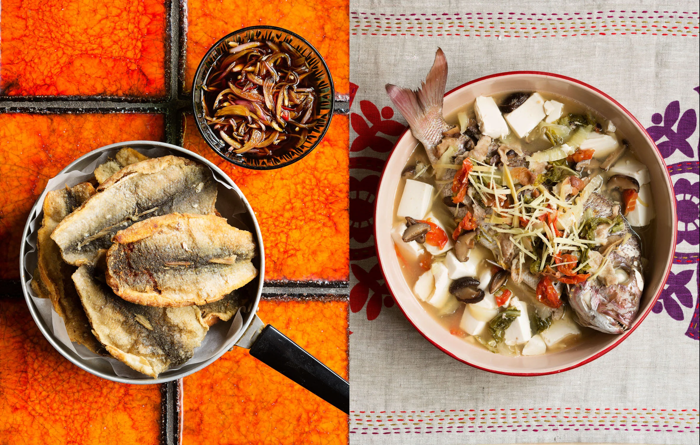 Crispy Leatherjackets with Red Onion & Chili Relish and Steamed Tiew Chew Fish (Snapper)