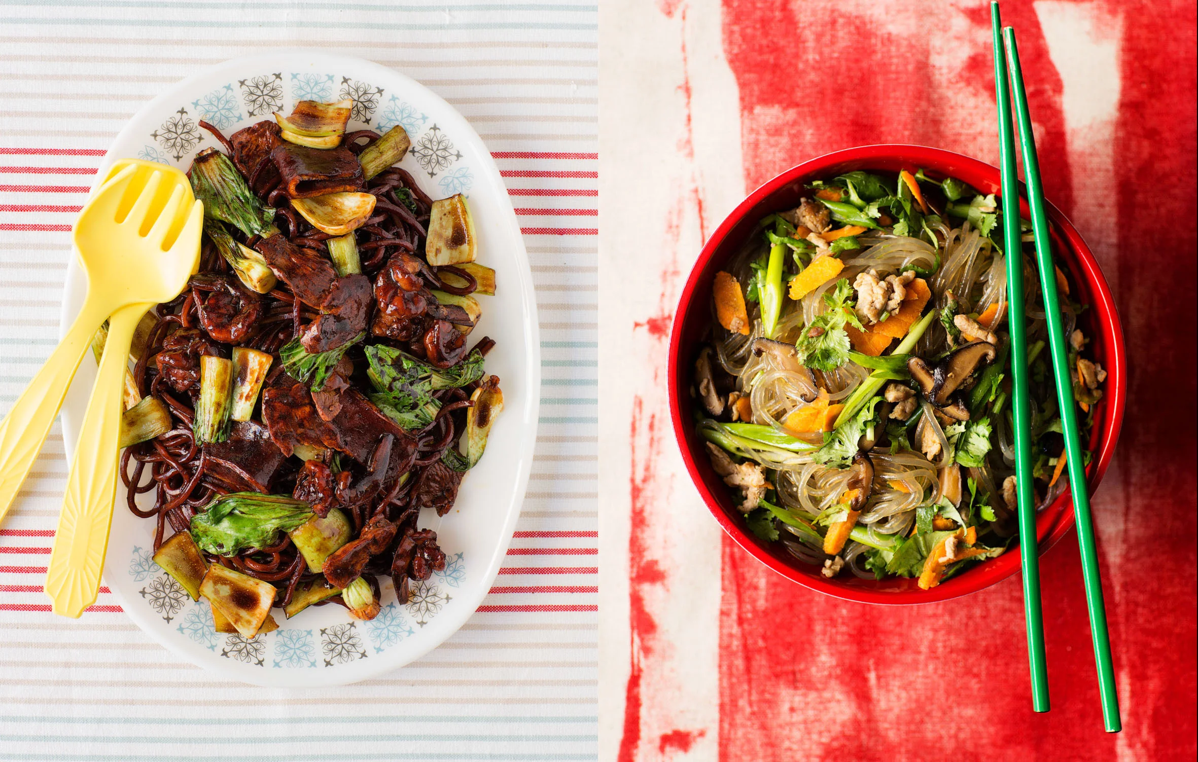 Dark Hokkian Noodles and Sweet Potato Starch Noodles (Japchae)