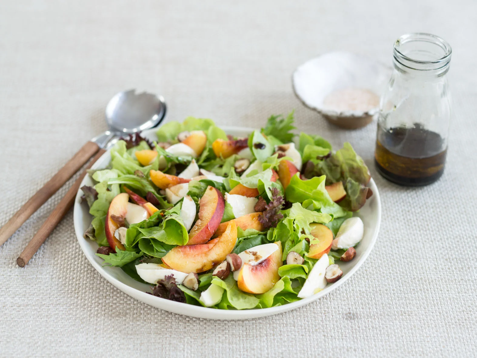 "Nectarine, Bocconcini and Hazelnut salad with Balsamic Dressing" - easy uses for summer fruit: recipe development, food preparation and styling for the Stone Fruit industry.