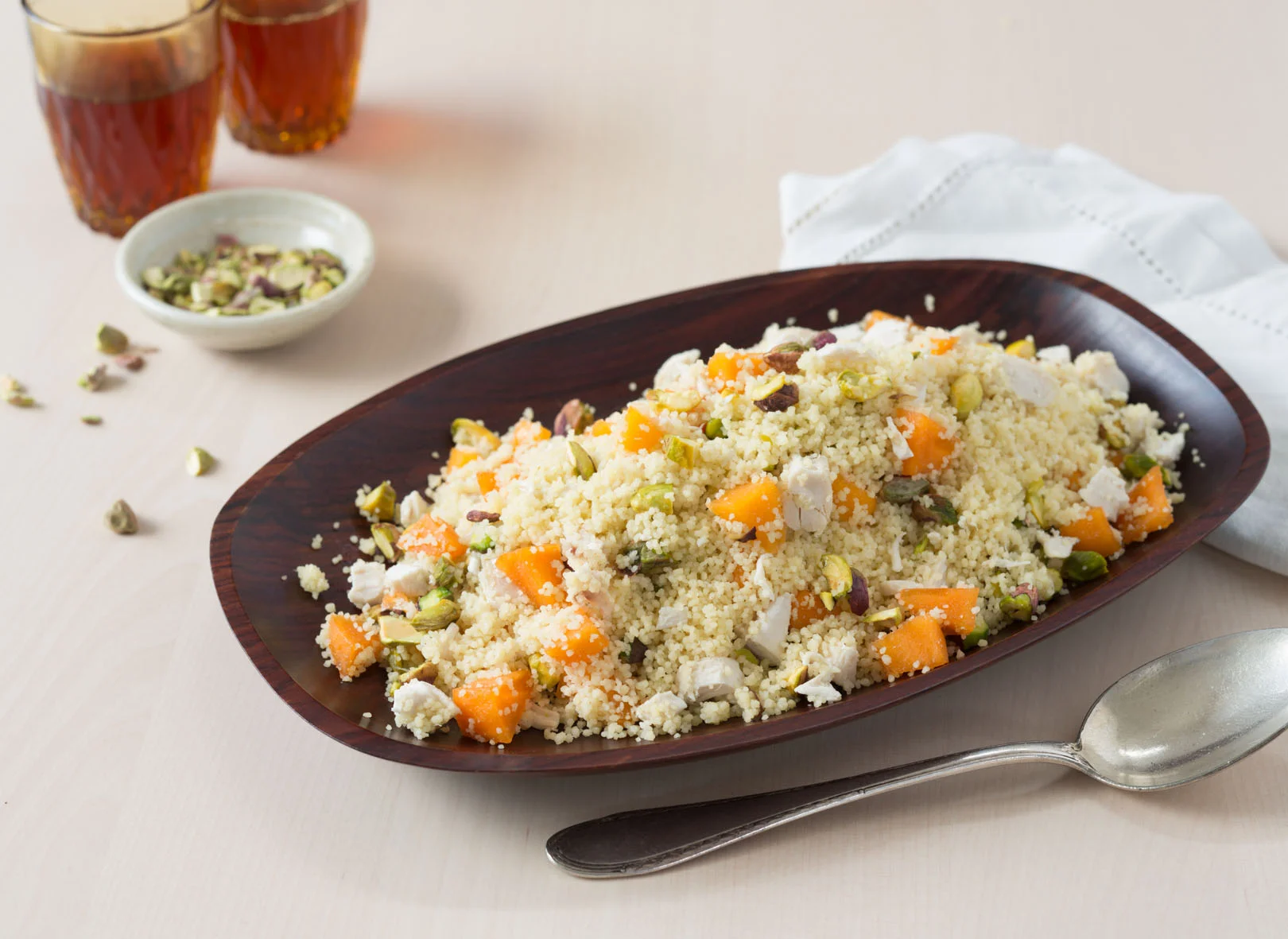"Apricot, Chicken and Pistachio Couscous"- easy uses for summer fruit: recipe development, food preparation and styling for the Stone Fruit industry.