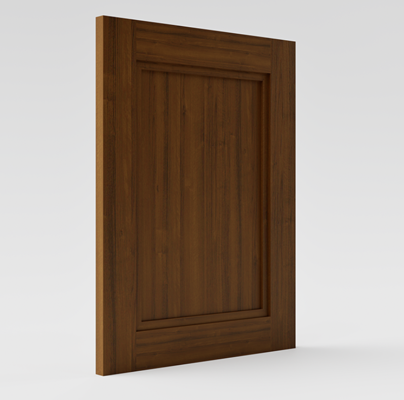 Une porte en bois massif sans poignée, avec un cadre simple, sur un fond neutre.