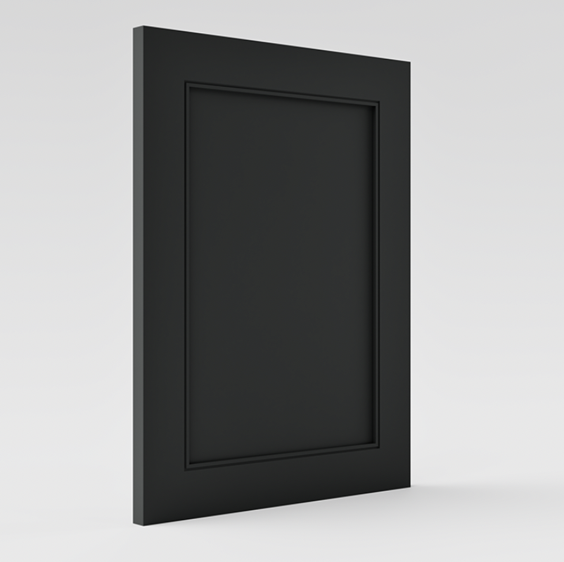 Panneau de porte noir encadré avec bordure fine, posé en face de fond blanc.