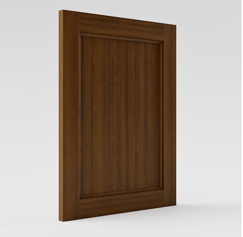 Une porte en bois Noyer brun avec un cadre simple, vue de face isolée sur fond gris clair.