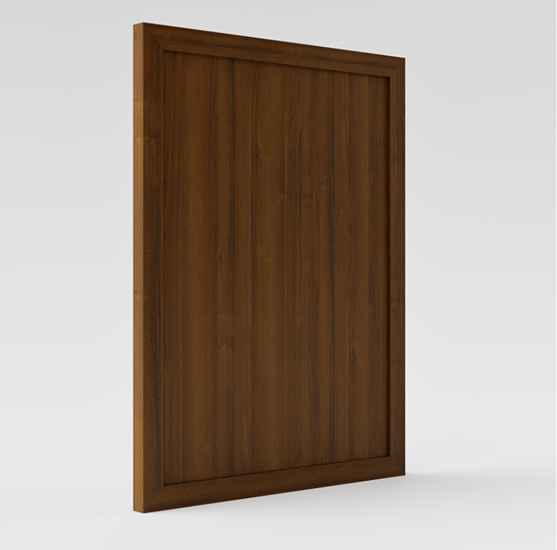 Une porte en bois de couleur marron, vue de face, avec un cadre en bois.