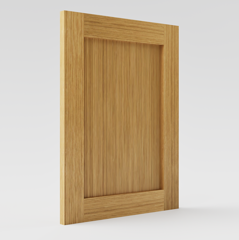 Une porte en bois clair avec un cadre simple, vue de face contre un fond gris clair.