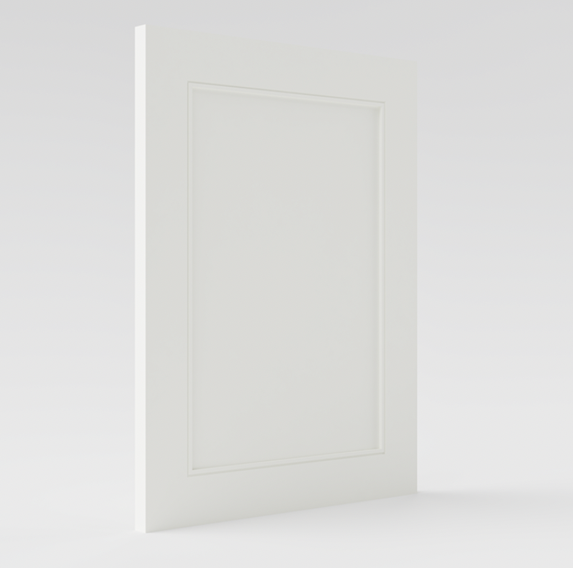 Une porte blanche, Sweedish Door, hack Ikea, avec un encadrement simple, vue de profil, dans un environnement minimaliste et lumineux.