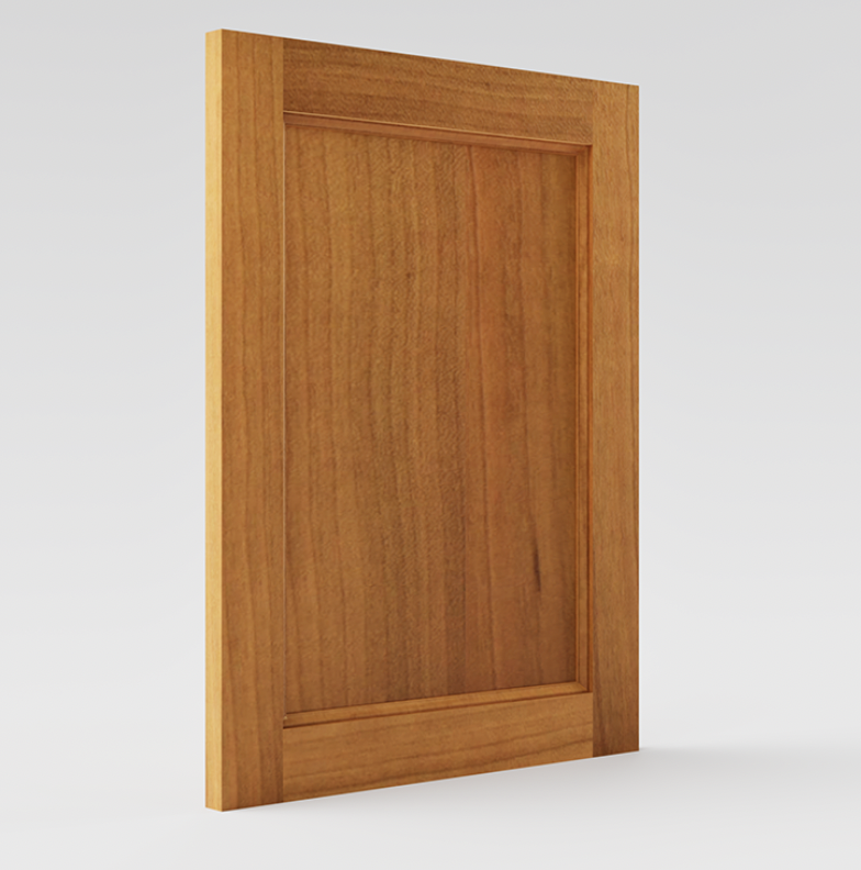 Une porte en bois merisier avec un cadre rectangulaire simple, couleur bois clair, sans poignée visible, Sweedish Door, hack Ikea.