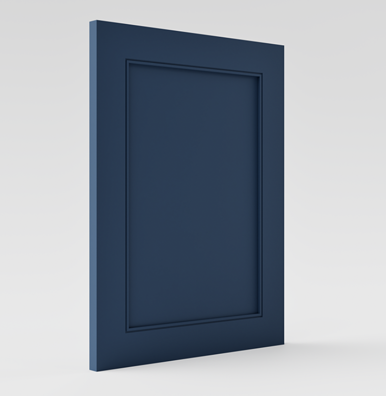 Une porte bleue à cadre simple, vue de côté, sur un fond blanc.
