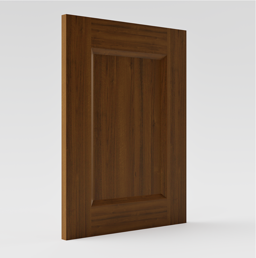 Une porte en bois naturel avec un cadre sculpté, vue en perspective contre un fond neutre.