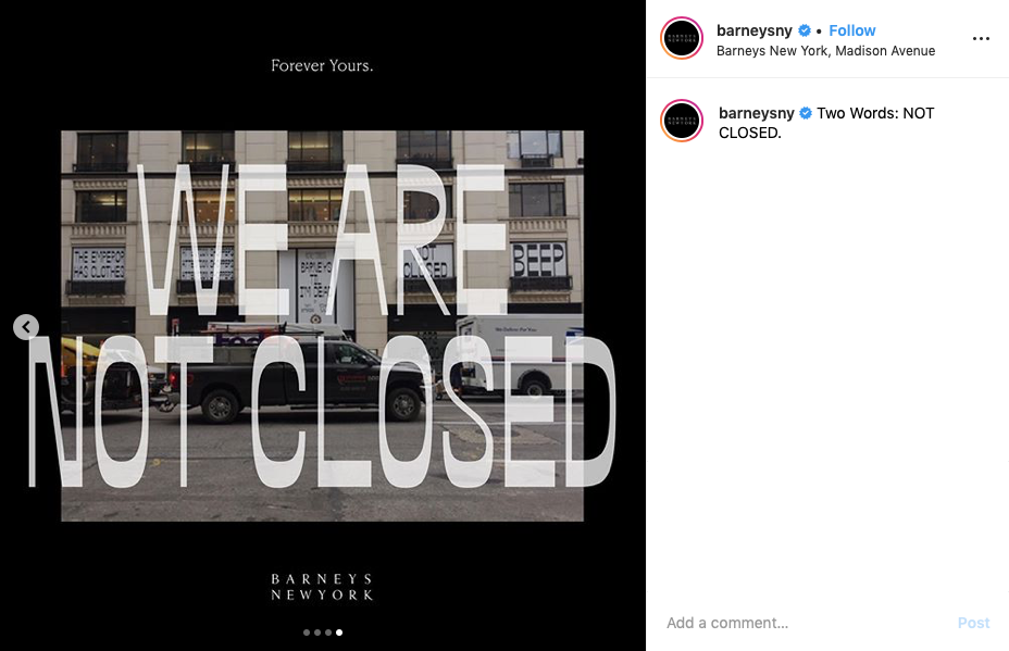 Barney's instagram we are not closed Dear Shoppers bankruptcy campaign best in fashion business.png
