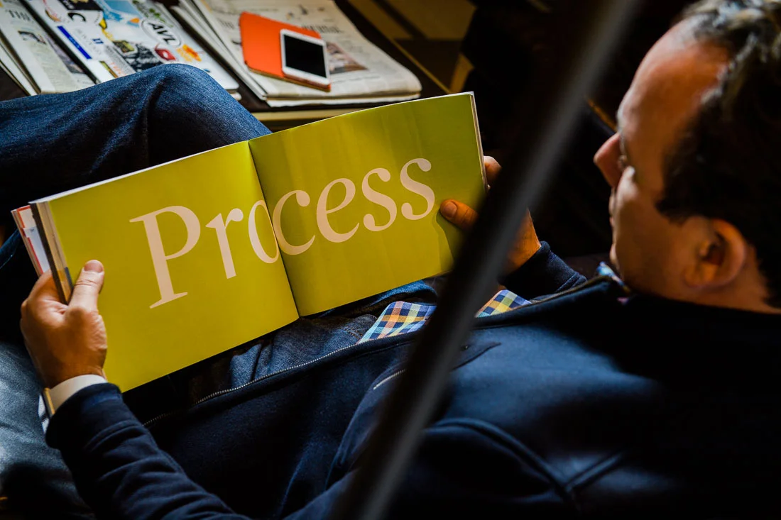 NYC Branded Lifestyle Portrait John Andrews reading process book