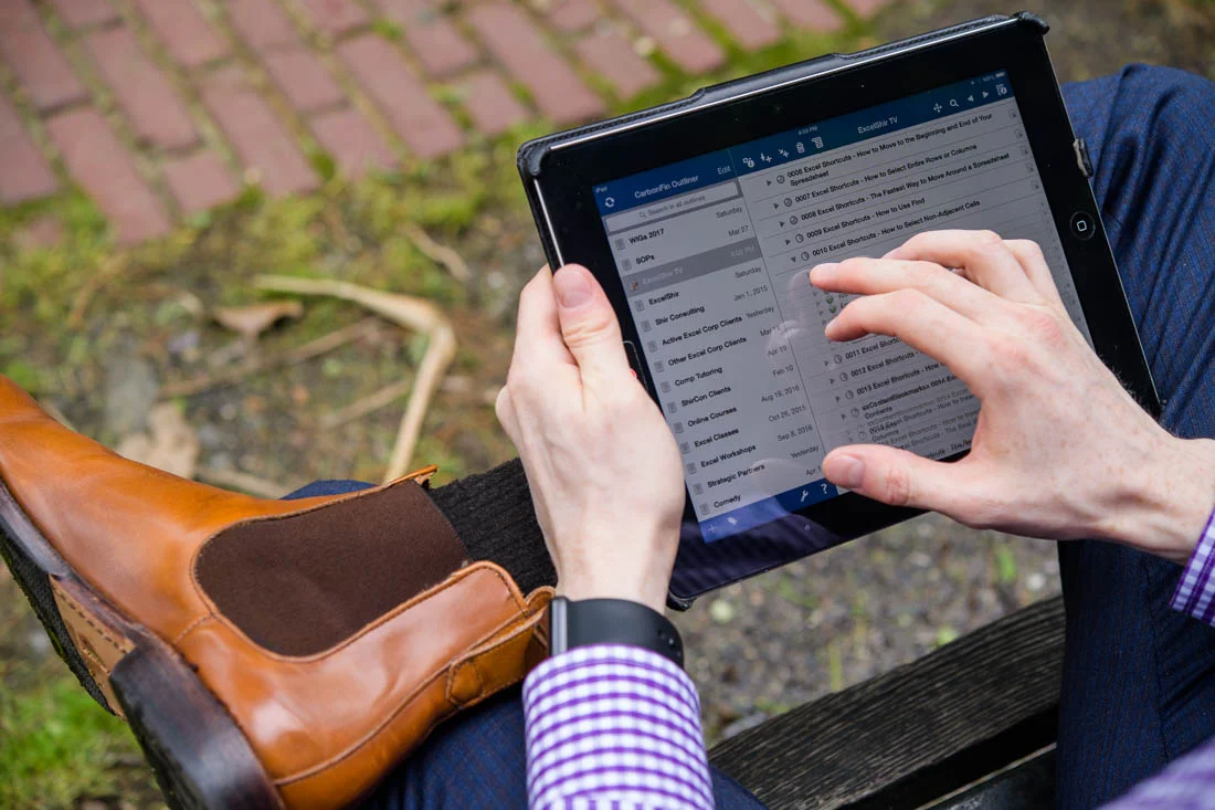 NYC Branded Lifestyle Portraits Shir Aviv working on tablet in park
