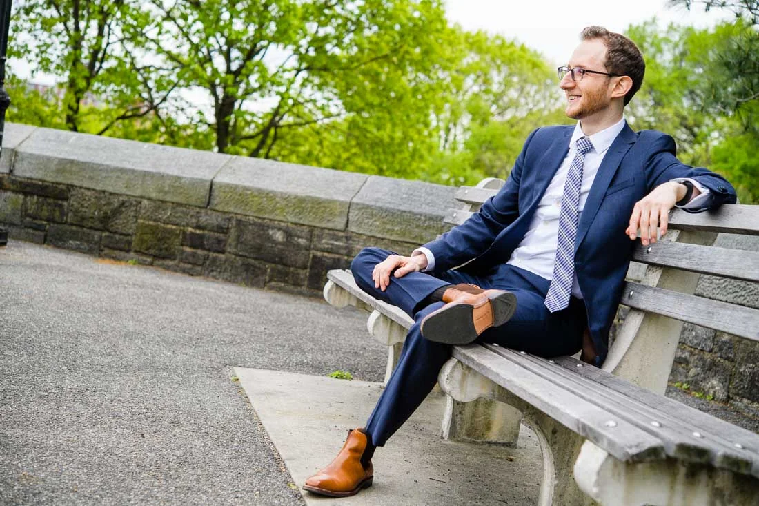 NYC Branded Lifestyle Portraits Shir Aviv sitting on bench
