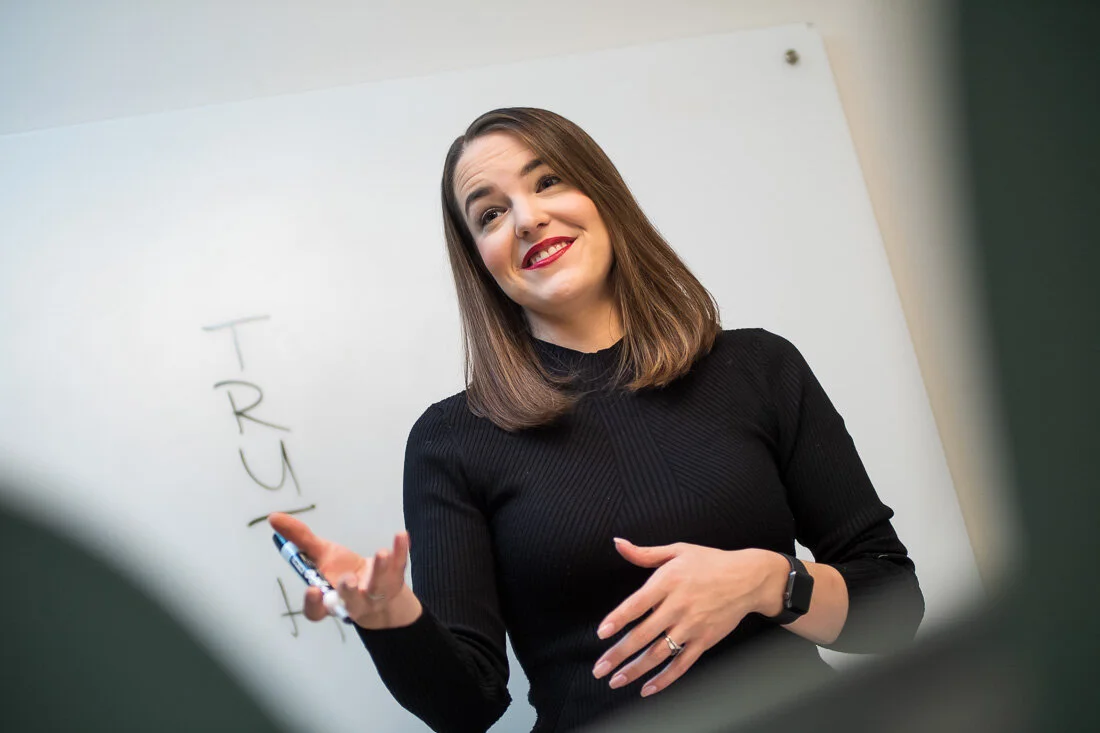 NYC personal branding photo Speaker Author Melanie Deziel presenting to an audience