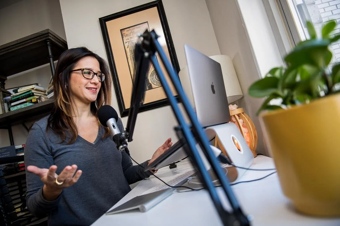 NYC branded lifestyle portraits speaker writer Terri Trespicio recording an audiobook
