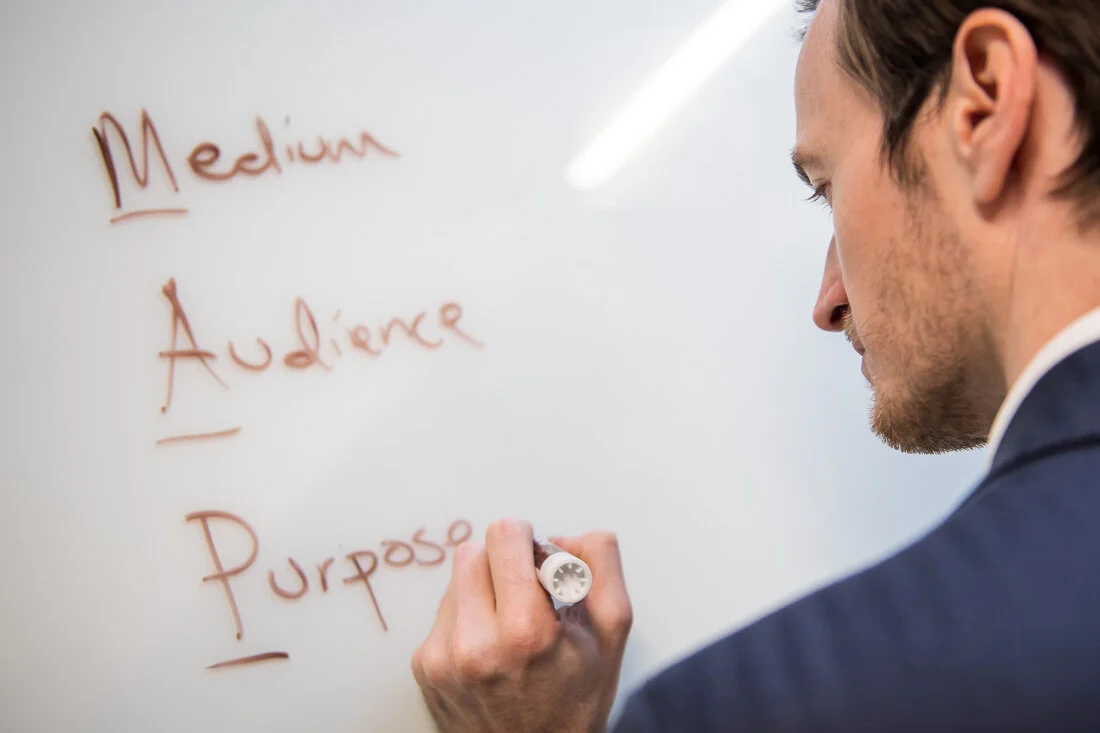 NYC Personal Branding Photography Humorist Drew Tarvin writing frameworks on white board